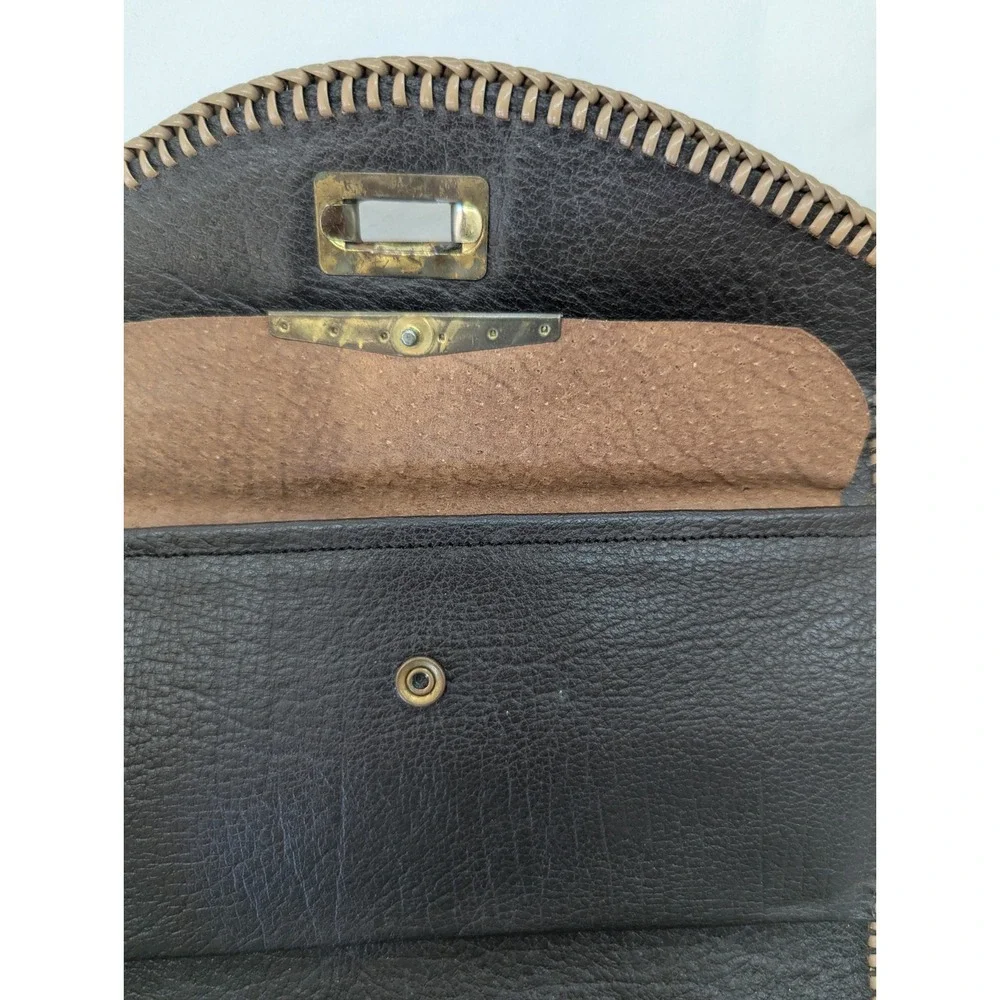 Brown Vintage Trifold Leather Wallet Billfold Tooled Whipstitch Metal‎ Clasp